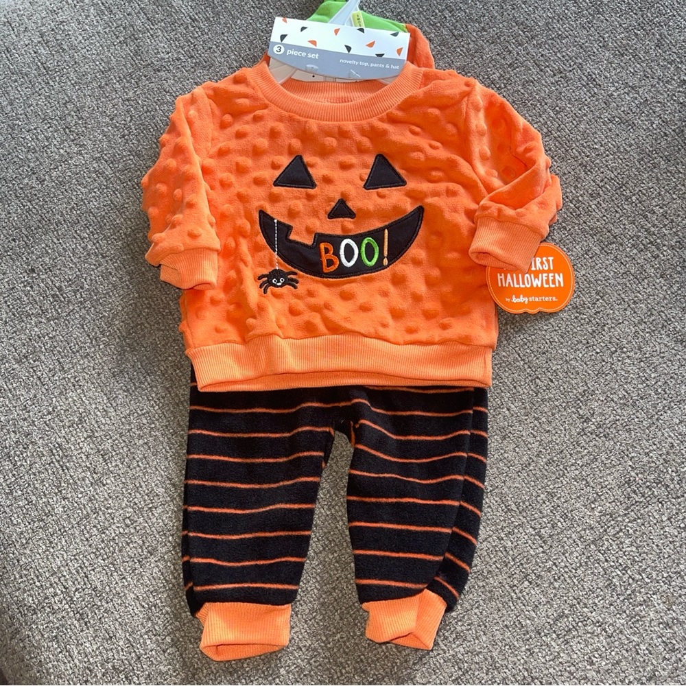 Baby Starters Halloween Pumpkin outfit Hat set Spider Boo 3 6 9 Months Orange